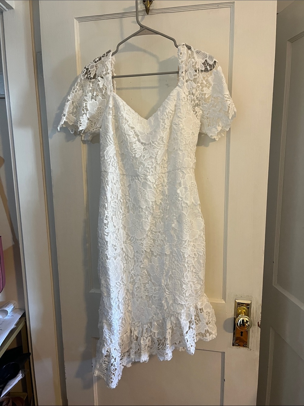 JJs House White Lace Midi Dress with Flutter Sleeves